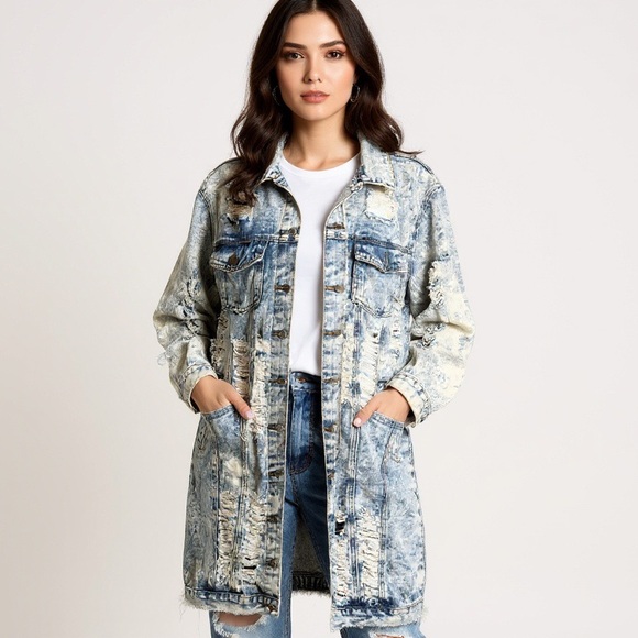 Thrill Distressed Jean Button Front Long Shacket Jacket Size L - Picture 1 of 15